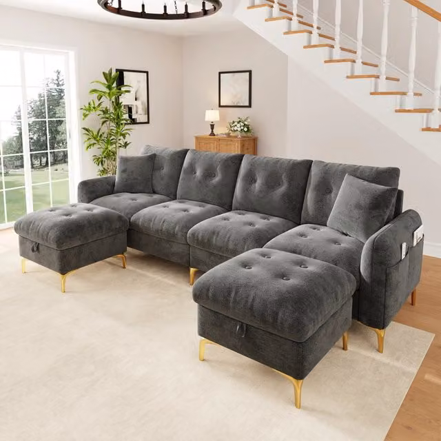 Divano modulare 263x137x85 cm con 2 pouf contenitore in ciniglia grigio