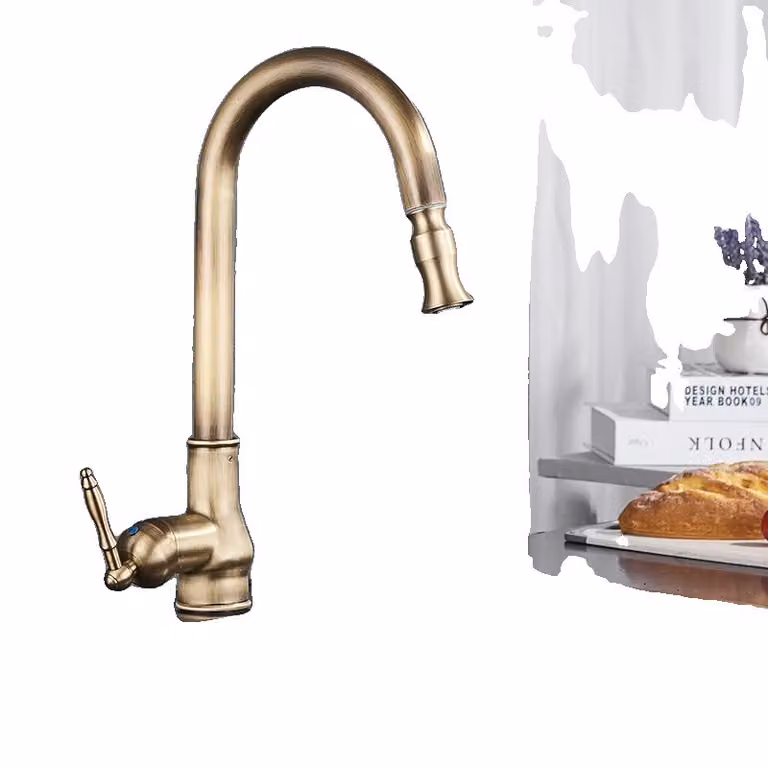 Rubinetto da cucina, acqua calda e fredda, bocca estraibile, ottone antico