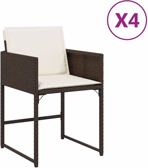 Set di 4 sedie da giardino in polyrattan marrone e bianco con cuscini e braccioli