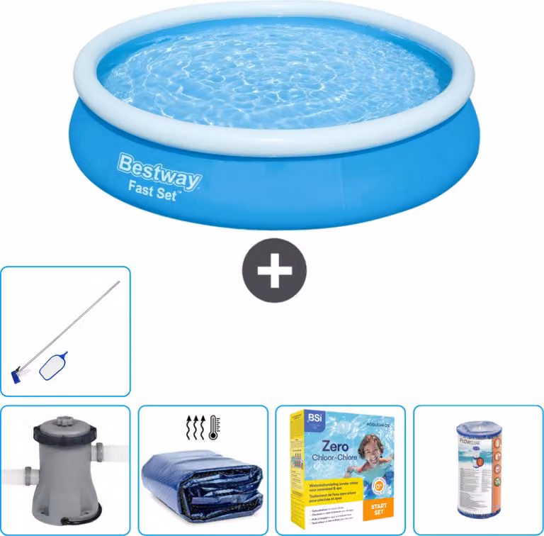 Piscina gonfiabile rotonda Bestway ad ambientazione rapida - 366 x 76 cm - blu - incluso telo pompa - pacchetto manutenzione - filtro - kit pulizia