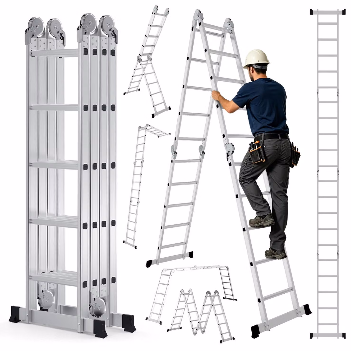 Ikodm Scala multifunzione 7in1, 4x5 gradini, circa 580 cm / 5,8 m, scala a sbalzo in alluminio pieghevole, utilizzabile come scala a sbalzo e scala autoportante, portata massima 150 kg