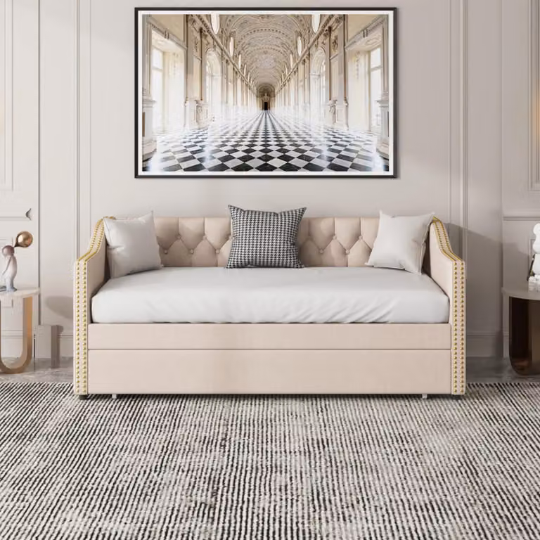 Divano letto - Letto estraibile 90/180 x 200 cm - Rivestimento in velluto - Beige - Struttura a listelli - Spazio contenitore - Schienale