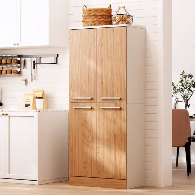 Dispensa alta con 4 ante e ripiani regolabili per cucina, in MDF, bianco e naturale, 76 × 42 × 180 cm