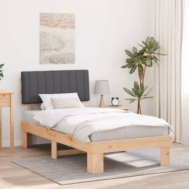 Letto con Testiera Rivestita vidaXL in Legno di Pino e Tessuto Grigio, L/P: 100 x 200 cm
