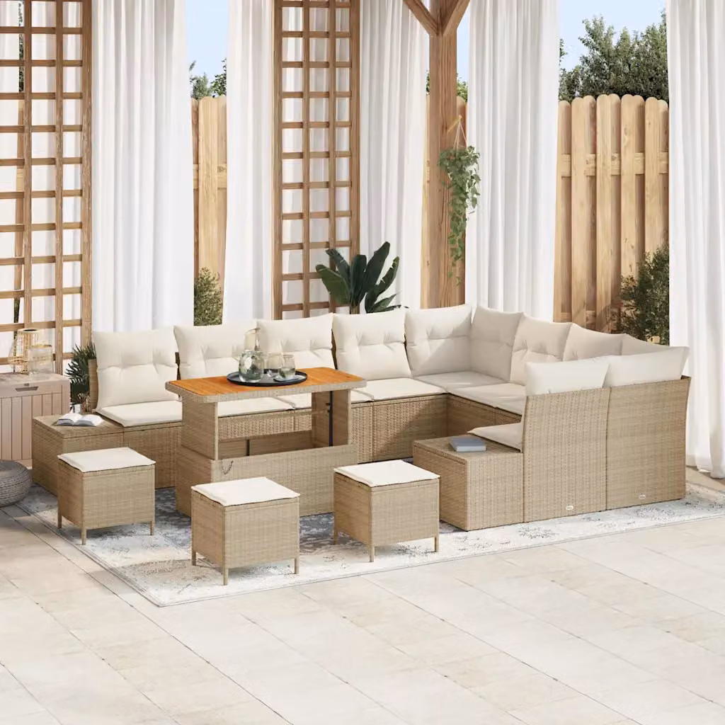 Set Divano da Giardino vidaXL 13 Pezzi a Forma di U con Cuscini Beige e Tavolino in Legno di Acacia – 1