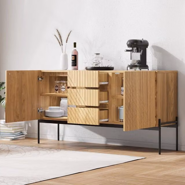 Madia Mivray moderna in truciolare naturale marrone con 2 ante, 3 cassetti, ripiano regolabile e gambe in metallo L/P/H: 140 x 40 x 75 cm
