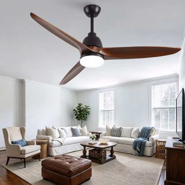 Ventilatore da soffitto con luce LED dimmerabile, telecomando e 3 pale in legno, colori marrone e nero