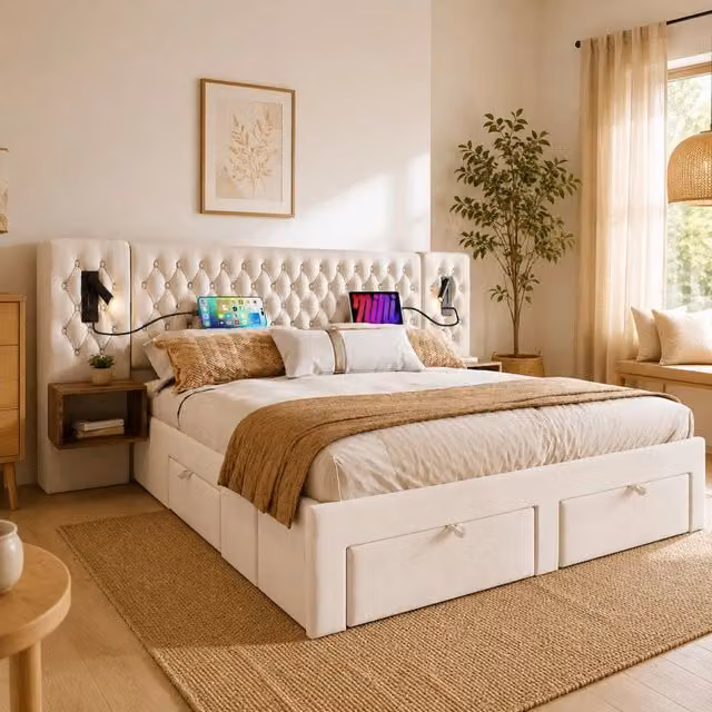 Letto matrimoniale 160x200 cm in velluto beige con 2 comodini; 4 cassetti e luci lettura USB Type C