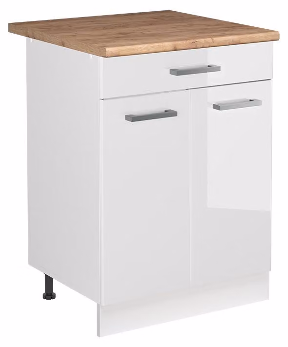 Mobile lavello cucina Vicco R-Line Bianco lucido/Bianco 60 cm piano di lavoro Rovere dorato, Model 73033