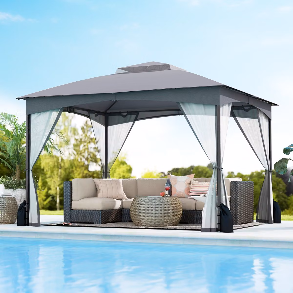 Gazebo da patio Costway con tetto a doppia copertura e 4 sacchetti di sabbia, Grigio, L: 360 cm, P: 300 cm, H: 290 cm