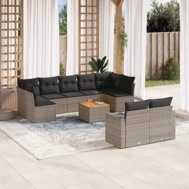 Set Divano da Giardino vidaXL in Polyrattan Grigio con Cuscini e Tavolino da Esterno a Forma di U – 1
