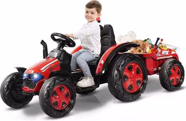 Costway Trattore Elettrico per Bambini con Rimorchio e Telecomando, Giocattolo 2 in 1 con Luci e Suoni, Rosso