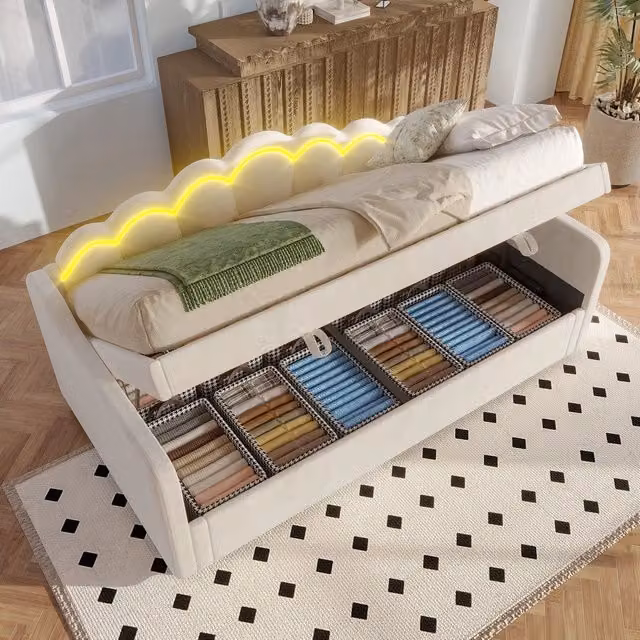 Letto Singolo Contenitore Imbottito con LED ¨C MINIMAL ¨C Velluto Beige 90x200