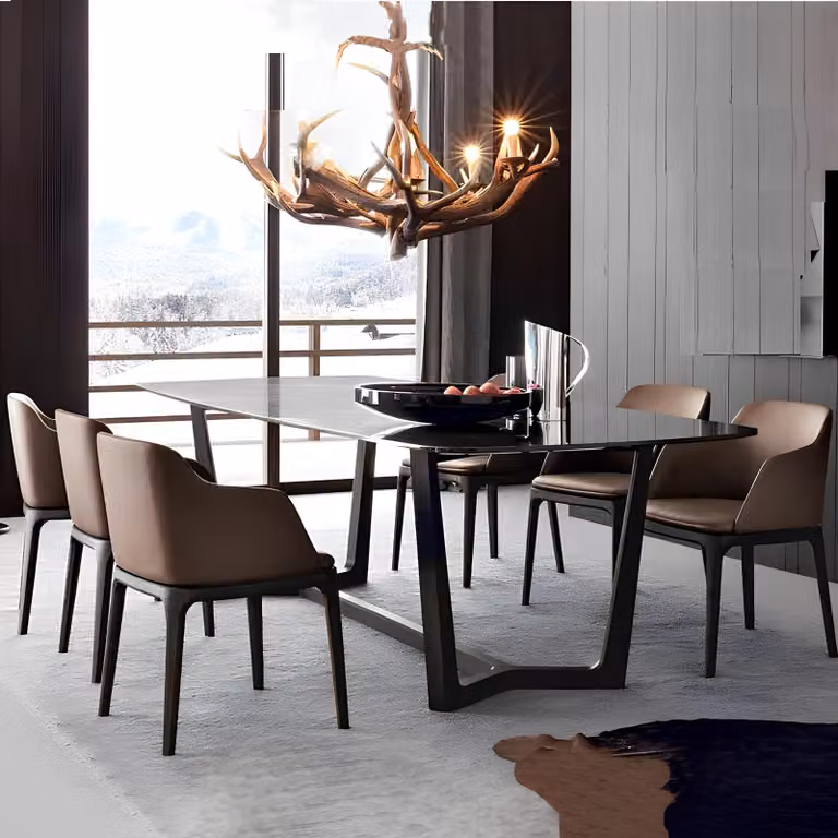 Designer Holz Ess Wohn Zimmer Set Tisch +6 Lehn Stühle Set Garnitur Polster 7tlg
