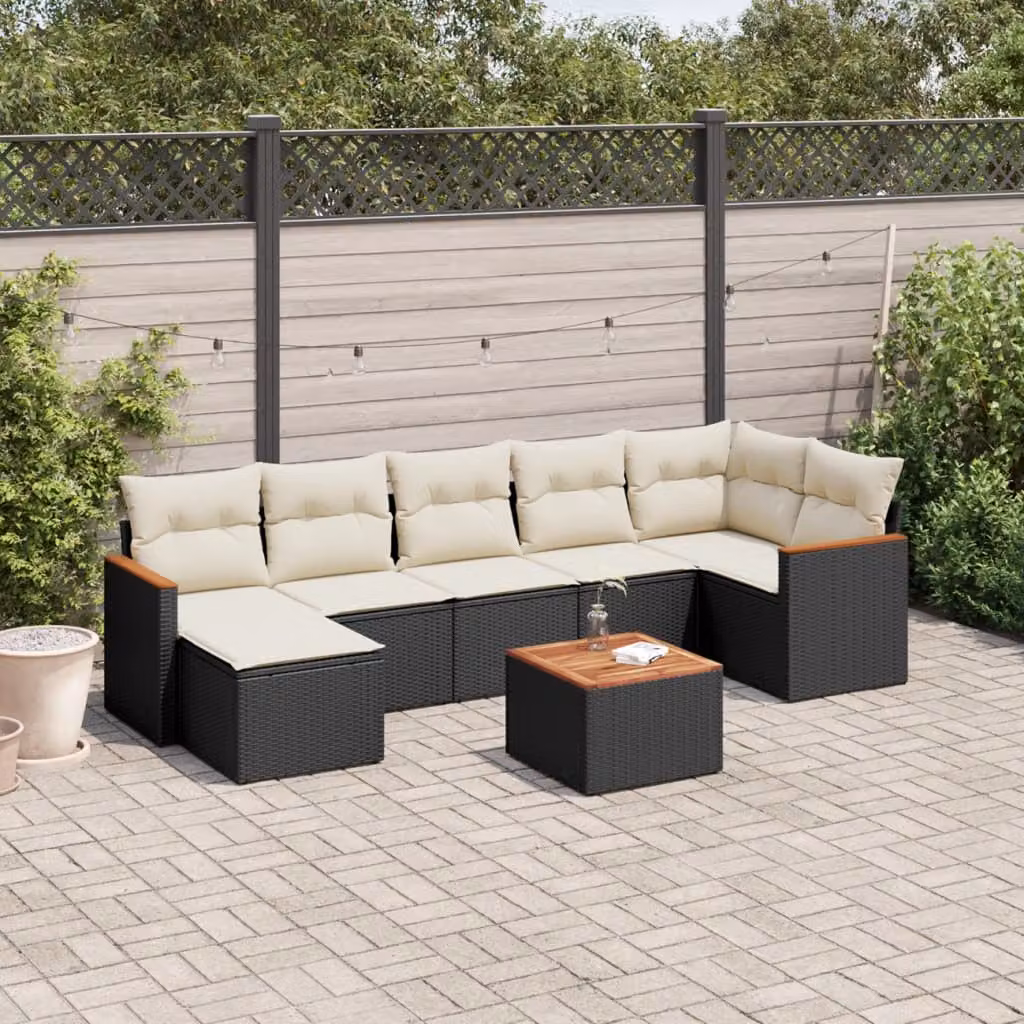 Set Divani da Giardino vidaXL a Forma a L con Cuscini e Tavolino, 8 Pezzi, Nero e Bianco in Polyrattan con Struttura in Acciaio Verniciato a Polvere – 1