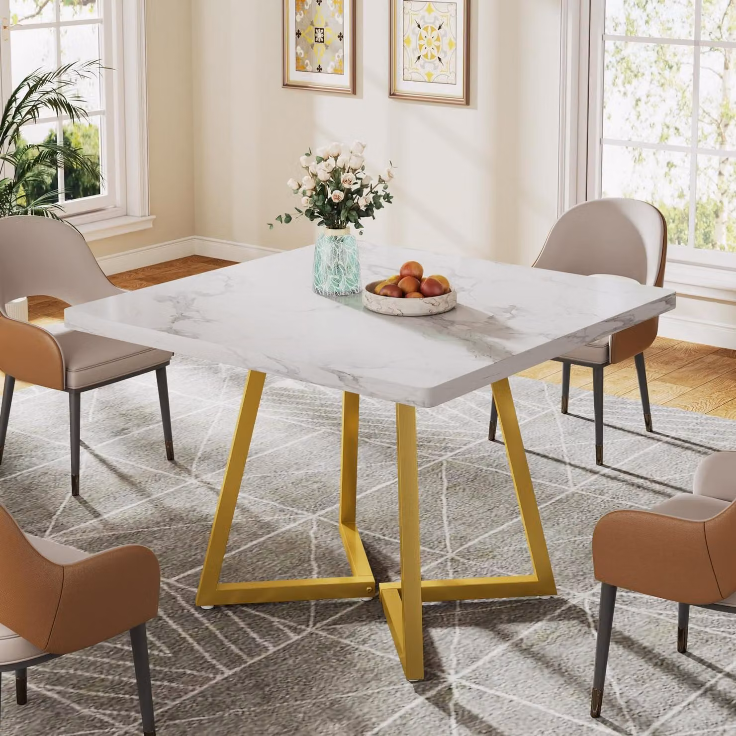 Tavolo da pranzo 80x80 cm, bianco, con dettagli dorati, in MDF e metallo