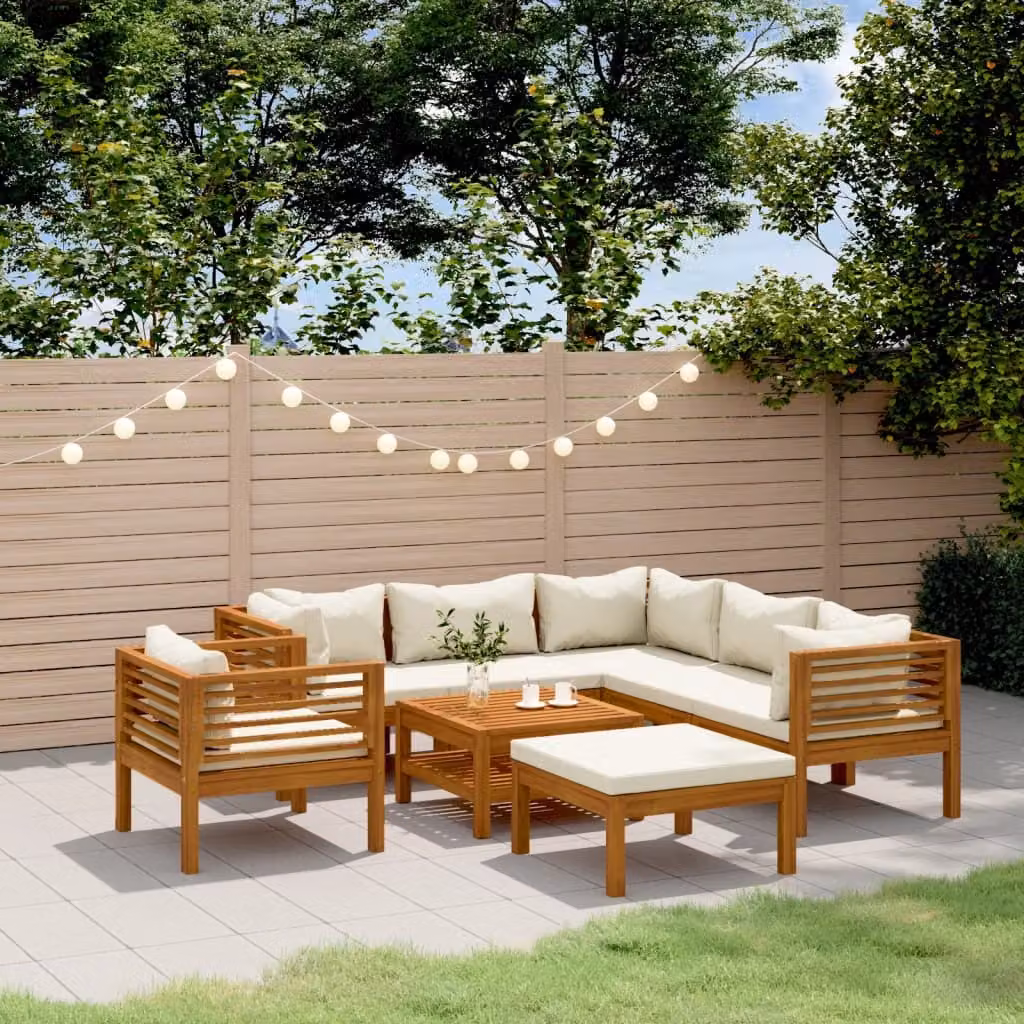 The Living Store Set da giardino da 8 pezzi con cuscini crema Legno massiccio di acacia