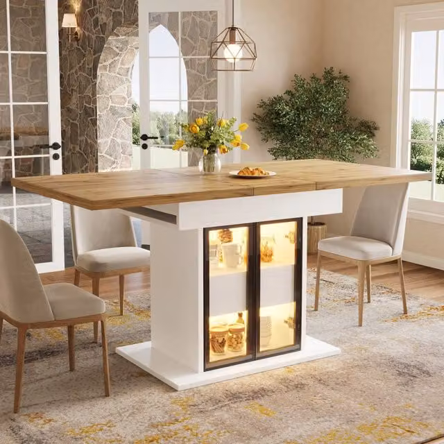 Tavolo da pranzo allungabile con contenitore; 2 cassetti; ante scorrevoli in vetro e LED RGB bianco 110 × 80 × 77.9 cm