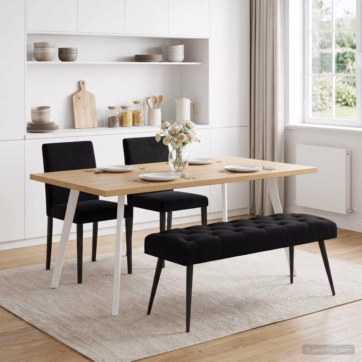 Panchina moderna vidaXL in velluto nero con bottoni imbottiti L: 110 cm, P: 40 cm, H: 46 cm