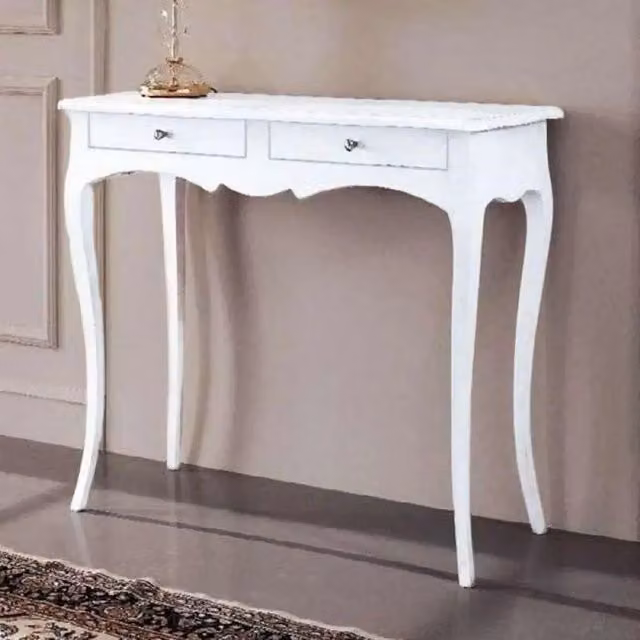 Mobiletto a consolle 2 cassetti arte povera in legno massello e mdf con rifinitura in bianco 95x41x80 H