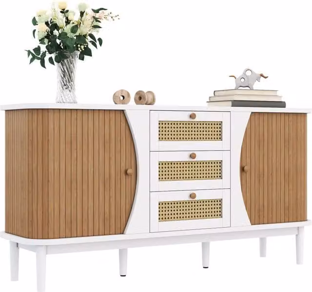 Credenza in stile scandinavo con ante e cassetti in rattan e ripiani regolabili, bianca, L: 140.5 cm, P: 40 cm, H: 76 cm