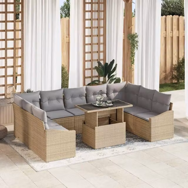 Set Divano da Giardino vidaXL a forma a U composto da 10 pezzi con Tavolino, Colore Beige e Grigio – 1