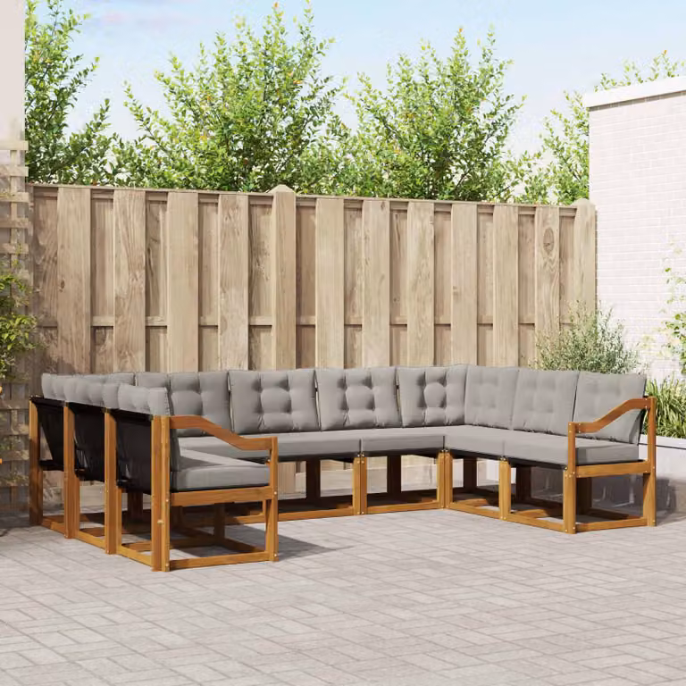 Set di divani da esterno vidaXL 9 pz a forma di U in legno di acacia con cuscini grigi e marroni