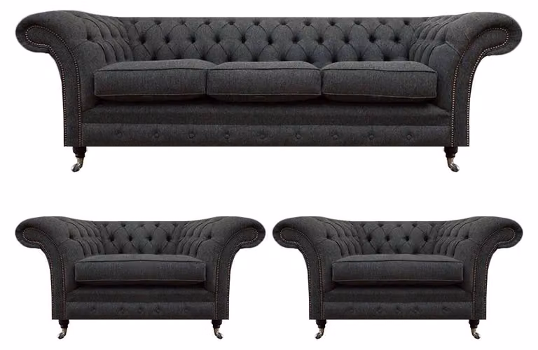 Wohnzimmer Chesterfield Couchen Schwarzer Dreisitzer 2x Sessel 3tlg Set
