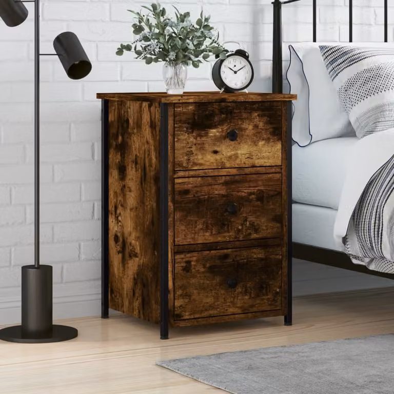 Comodino vidaXL in Rovere Fumo e Legno Multistrato, Stile Industrial, L 40 cm x P 36 cm x H 60 cm
