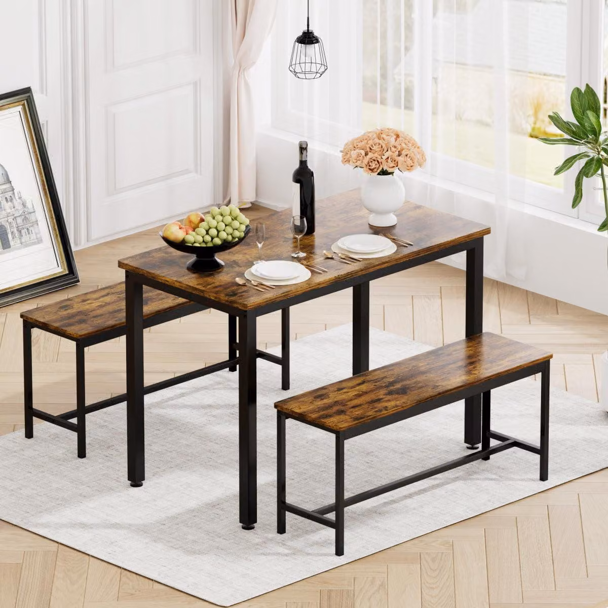 Set tavolo da pranzo Tavolo da bar con 2 panche 110x60x75 cm Design industriale Tavolo da cucina Set tavolo da colazione per cucina Soggiorno Rustico Marrone Nero