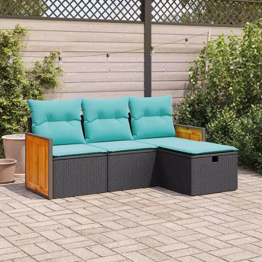 Set di divani da giardino vidaXL a forma di L composto da 4 pezzi con cuscini, poltrona lounge, elemento angolare e pouf, colore nero e blu, in rattan e legno di acacia con struttura in acciaio verniciato a polvere