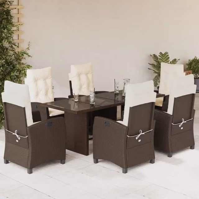 Set da pranzo da giardino vidaXL in polyrattan marrone e bianco con tavolo in vetro, 7 pezzi – 1