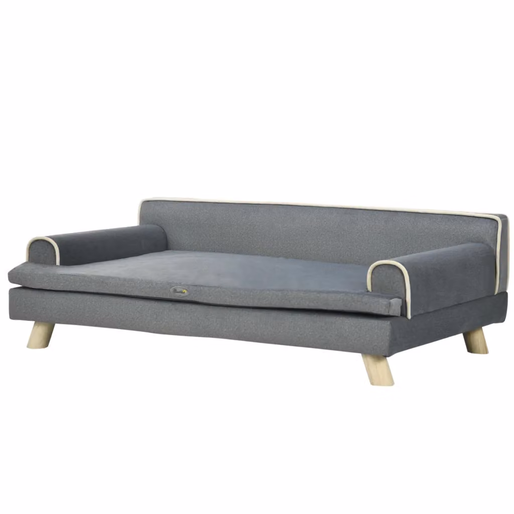 Divano per cani e gatti XYLO in stile scandinavo con legno massello e tessuto grigio, L: 100 cm, P: 62 cm, H: 32 cm – 2