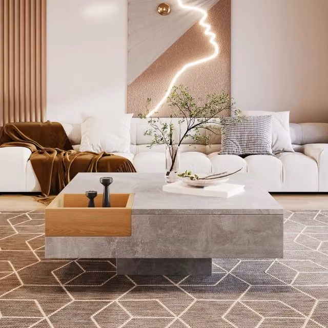 Tavolino da Salotto 72x72x30 cm, Grigio Cemento e Legno, con Scatola di Stoccaggio Rimovibile