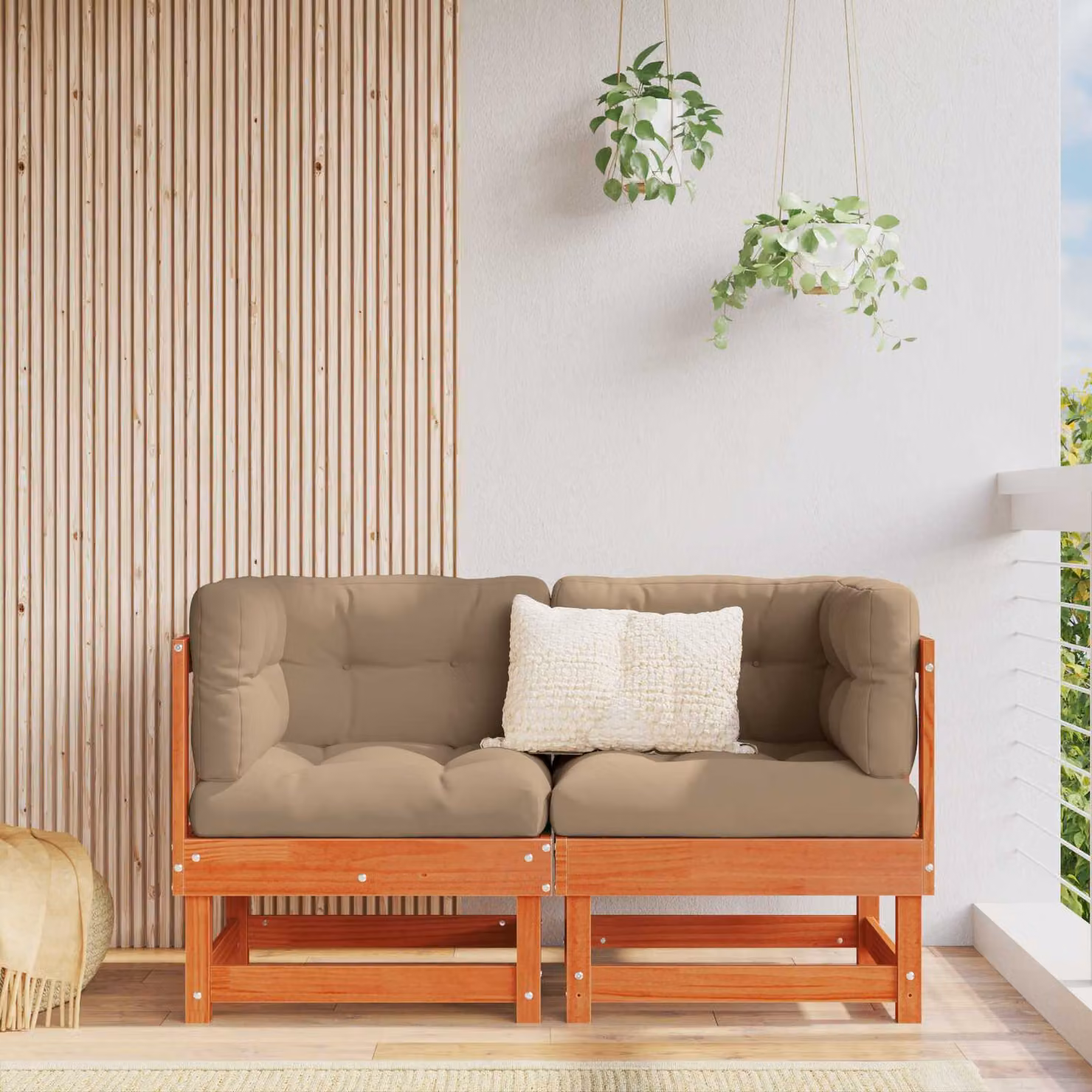 Set di 2 Divani Angolari da Giardino vidaXL in Legno di Pino Massiccio Trattato, Colore Marrone e Beige con Cuscini Inclusi