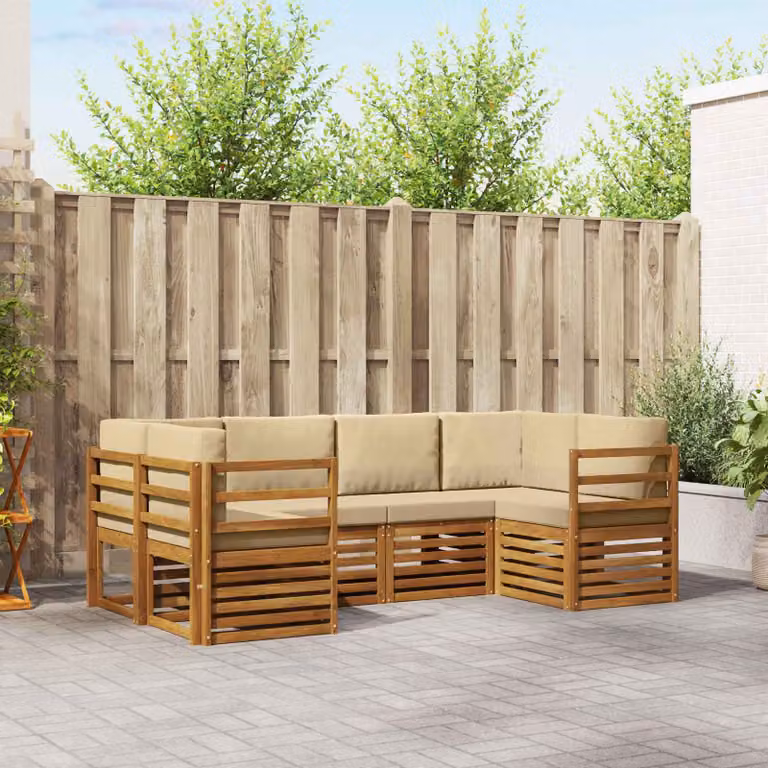 Set di divani da esterno vidaXL a forma di L composto da 6 pezzi in legno di acacia con cuscini beige e marrone