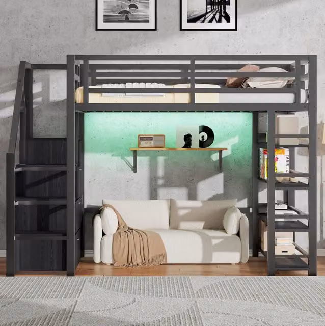 Letto a soppalco 140x200 cm con LED; libreria; armadio e scala contenitore; nero