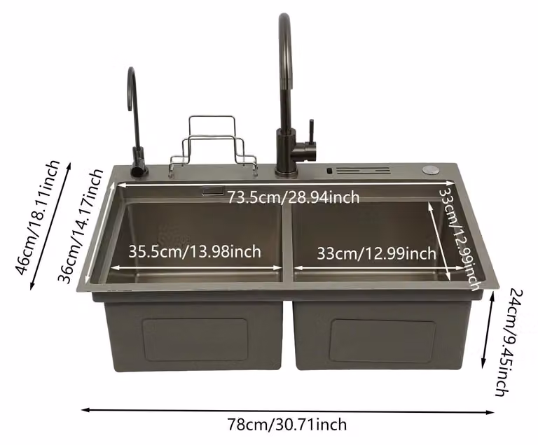 Lavello da cucina in acciaio inossidabile, con due vasche, da incasso, dimensioni 78x46 cm, realizzato in acciaio inossidabile 304, completo di rubinetto, forma rettangolare, colore grigio