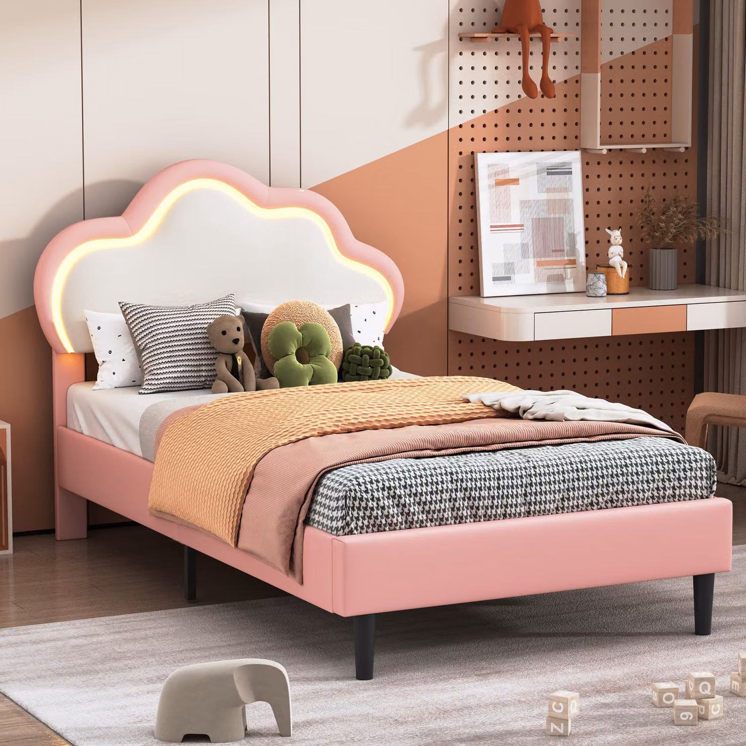 CDGlobal letto imbottito 90x200cm con rete a doghe, letto per bambini con testata a forma di , letto per ragazzi letto singolo con led, letto per principesse letto in legno, PU
