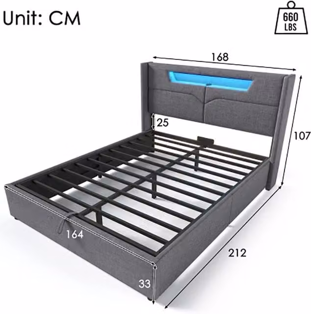 Letto a due piazze con LED e USB - Xylo - 160x200cm - Grigio - Con funzione di ricarica