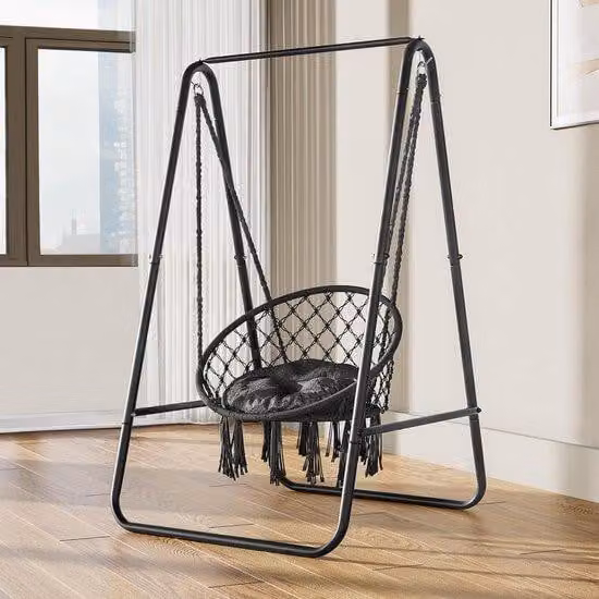 Sedia sospesa Cocoon grigia con supporto standard 85 x 92 x 153 cm - Sedia sospesa con cuscino - Robusto supporto in acciaio per amaca - Portata 100 kg - Soggiorno, camera da letto, cortile, esterno, giardino