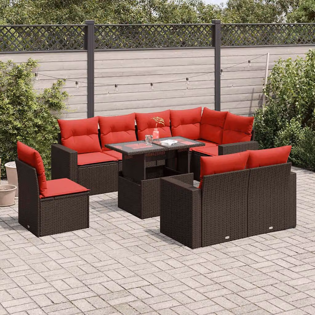 Maison Exclusive - Set divano da giardino 9 pezzi con cuscini, marrone, polyrattan