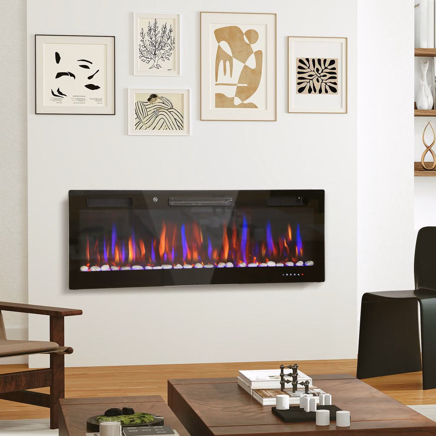 Camino Elettrico a Incasso Ultrasottile HOMCOM con Fiamma 3D, 12 Colori e Ciottoli in Vetro Nero, 900/1800W – 2