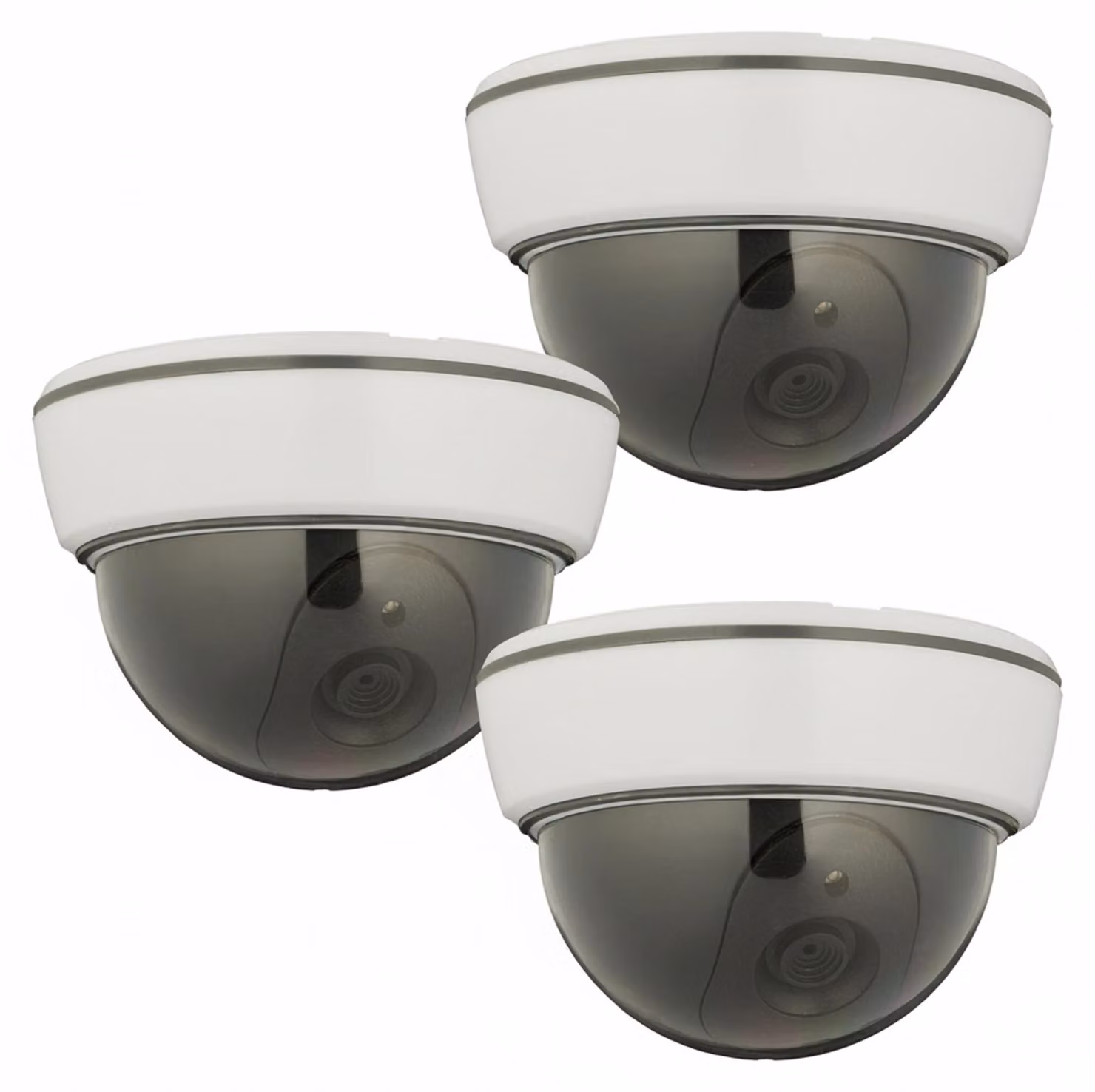 Relaxdays Telecamera finta, set da 3, LED lampeggianti, per interni ed esterni, alimentata a batteria, telecamera di sorveglianza finta, bianca