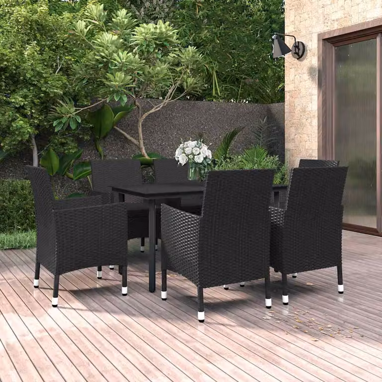 Set da pranzo da giardino vidaXL in polyrattan nero con cuscini e tavolo in vetro da 7 pezzi