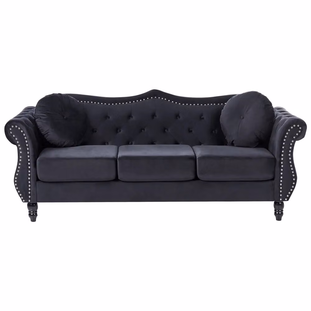 Set da soggiorno Glam Beliani IT in velluto nero composto da divano a 2 posti e divano a 3 posti con struttura in legno di pino, dettagli trapuntati a bottoni e cuscini inclusi – 2