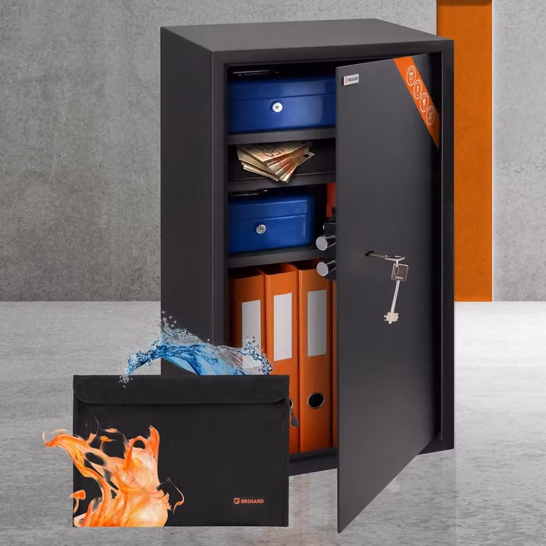 Cassaforte Business XXL con chiave 73x40x36 cm e busta ignifuga per documenti A4 da 102 L. Grande cassaforte in acciaio per la casa o l'ufficio con 3 ripiani regolabili in altezza