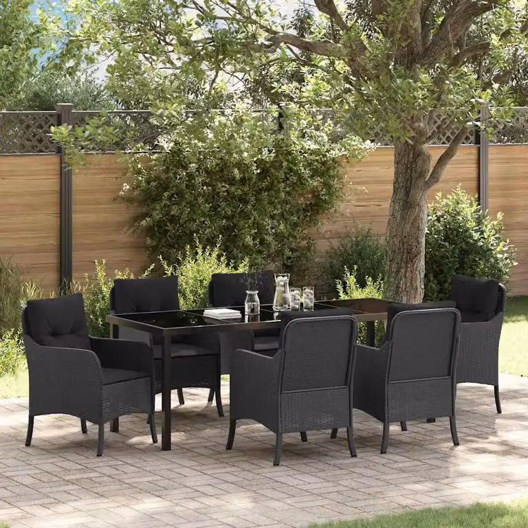 Set da pranzo per giardino e terrazzo vidaXL in polyrattan nero con tavolo rettangolare in vetro, 7 pezzi