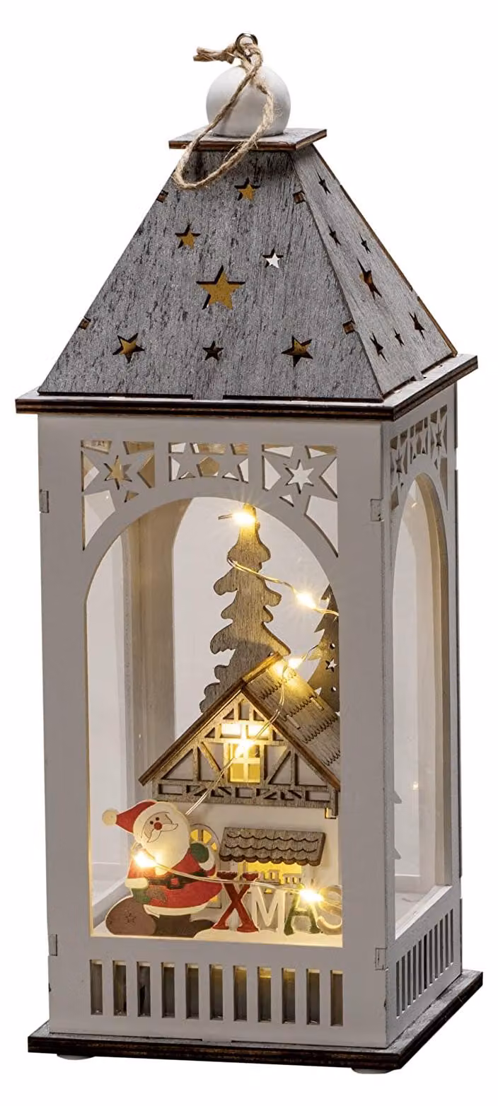 Lanterna a LED in legno, con 8 LED bianco caldo, timer a 6 ore, alimentata a batteria