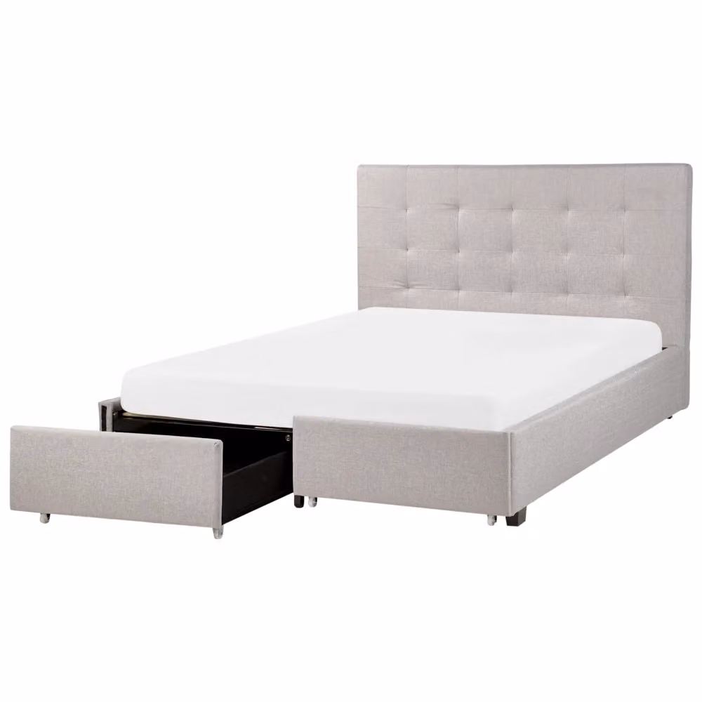 Letto contenitore matrimoniale Beliani imbottito in tessuto grigio con cassetti e rete a doghe L/P/H: 213 x 140 x 153 cm – 2